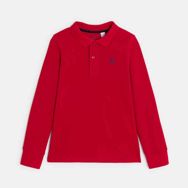 قميص بولو بأكمام طويلة من قماش الجيرسيه المضلع، أحمر اللون، للأولاد